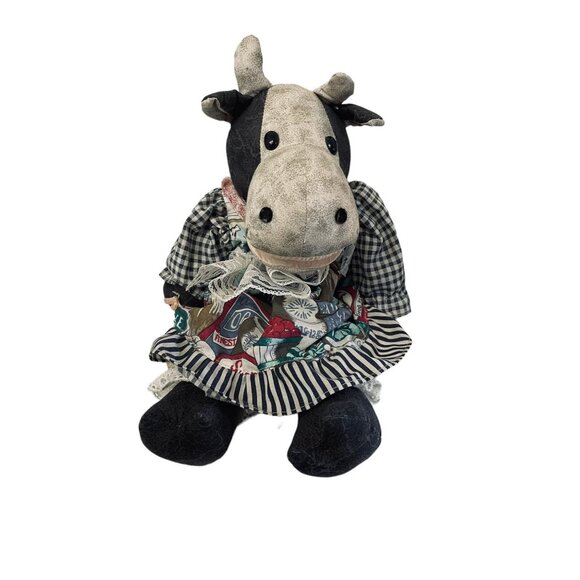 Stuffed Plush Toy Country Cow Handmade Dress Blue White Plaid 17" Animal - Picture 1 of 8